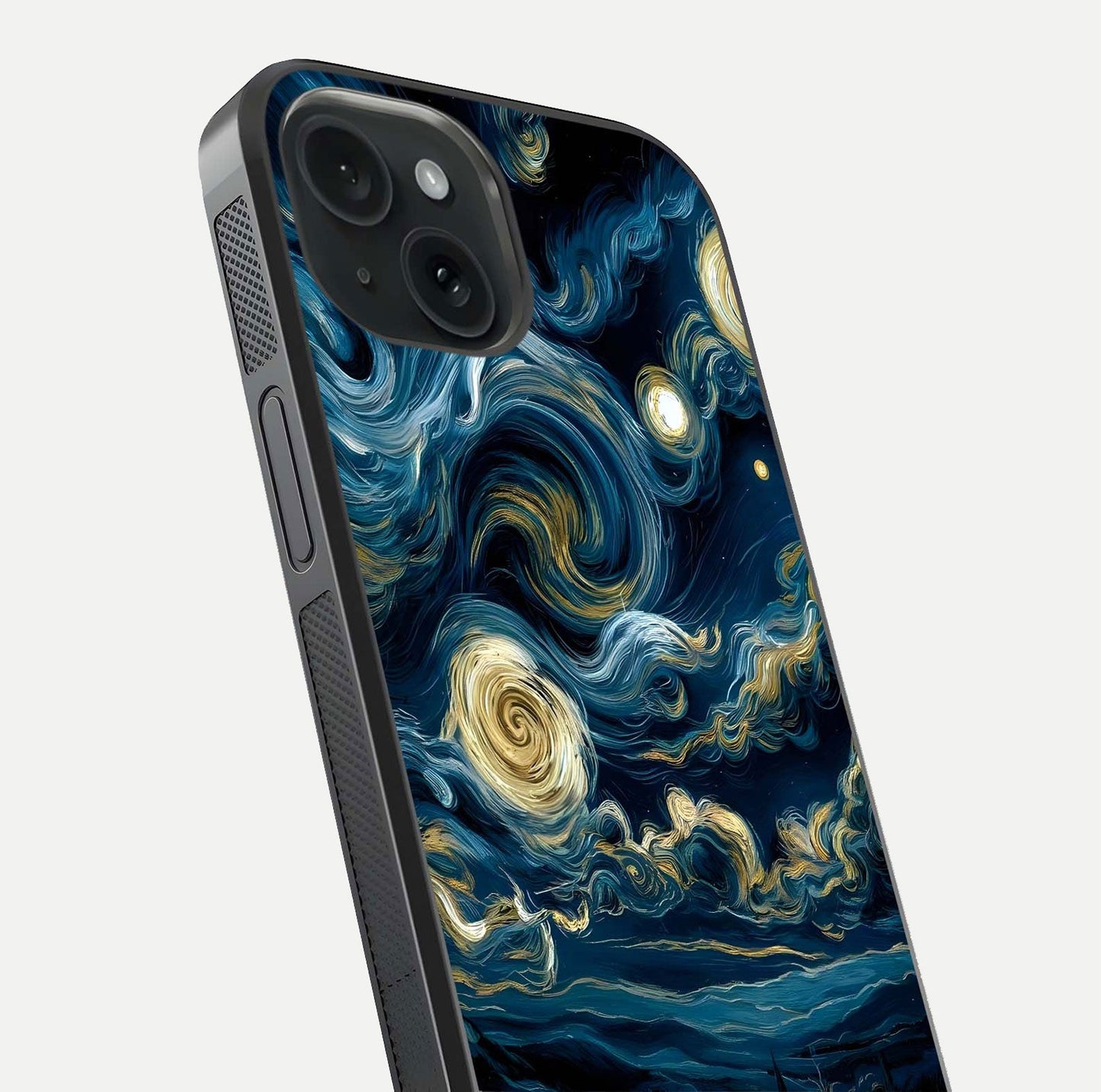 Midnight Sky Whirl Glass Case for iPhone 15 close-up angle showing spiral design and HD gloss reflection