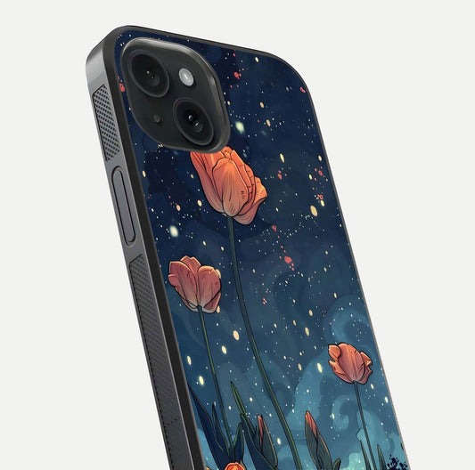 Midnight Tulip Glow Glass Case for iPhone 15 close-up angled shot showing petal details and reflection glow