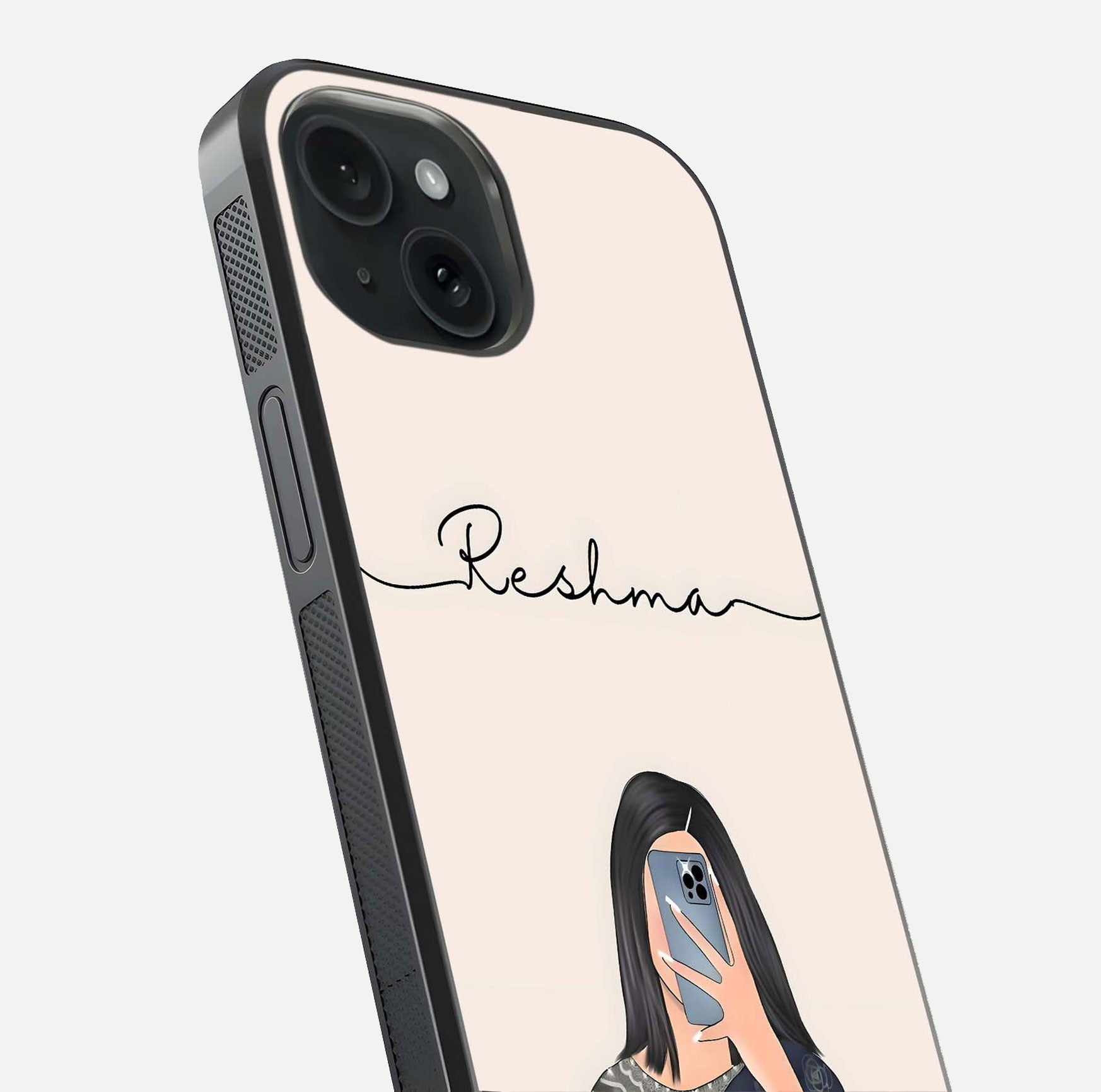 Mirror Mood Muse Custom Name Glass Case for iPhone 15 close-up angled shot highlighting gloss and mirror depth