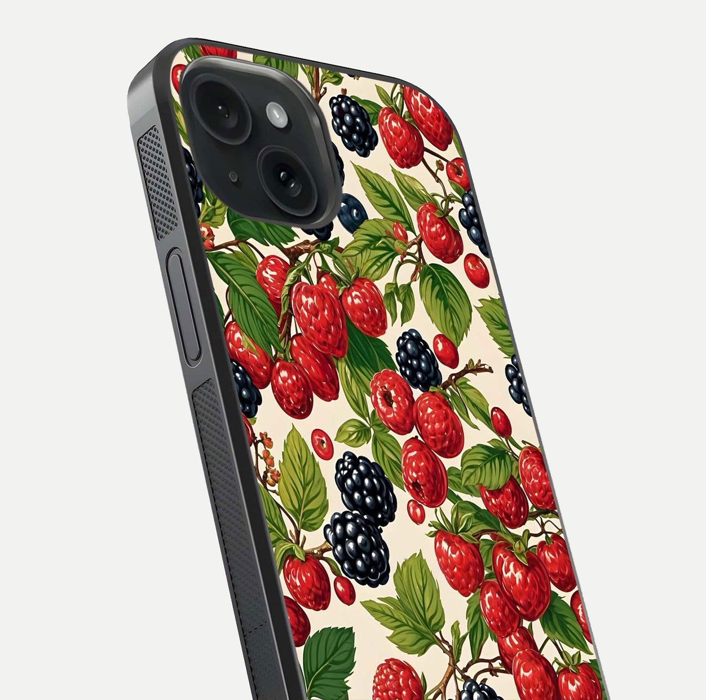 Mixed Berry Collage Glass Case for iPhone 15 close-up angled shot showing fruit detail and reflection glow
