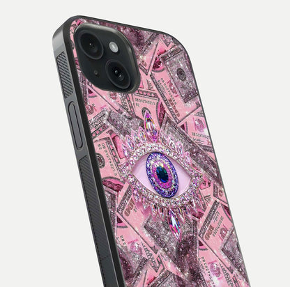 Money Eye Luxe Glass Case for iPhone 15 close-up angled shot showing gold detailing and reflection shine