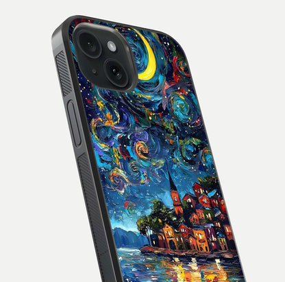 Moonlight Harbor Glow Glass Case for iPhone 15 close-up angled shot showing reflection and moonlight glow