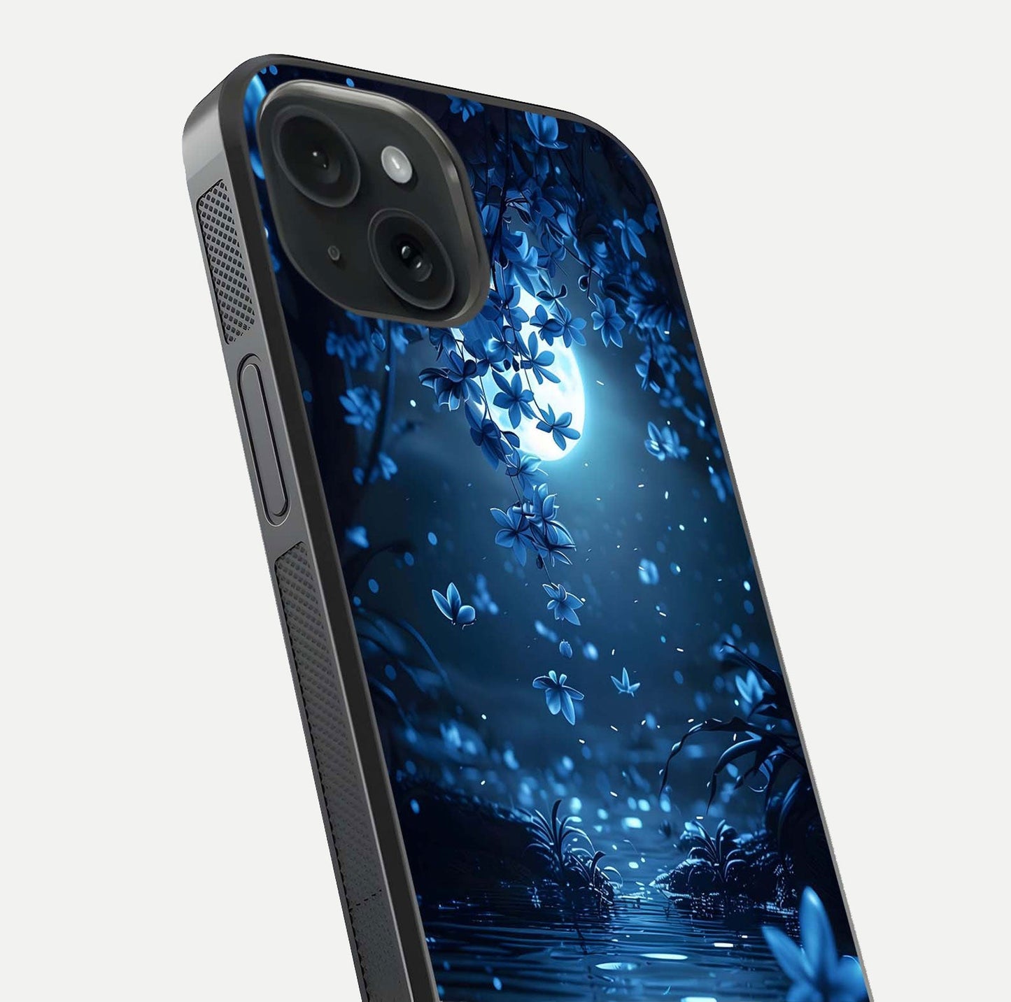 Moonlight Petal Dream Glass Case for iPhone 15 close-up angled shot showing petal reflection and glow texture