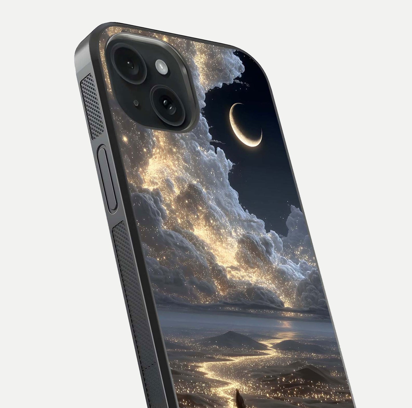 Moonlight Spark Path Glass Case for iPhone 15 close-up angled shot showing glowing stars and reflection