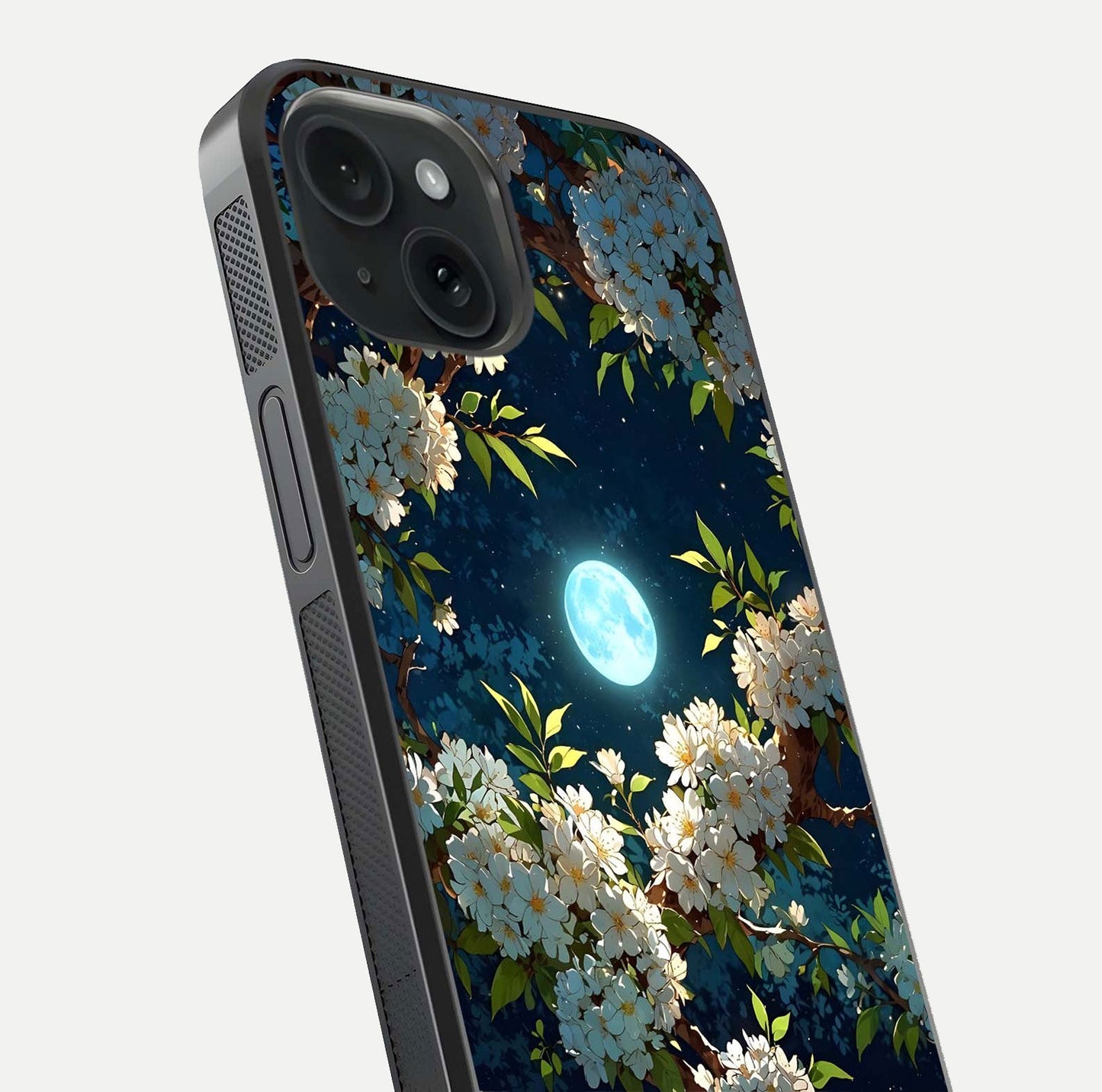 Moonlit Blossom Dream Glass Case for iPhone 15 close-up angled shot showing glowing petals and reflection