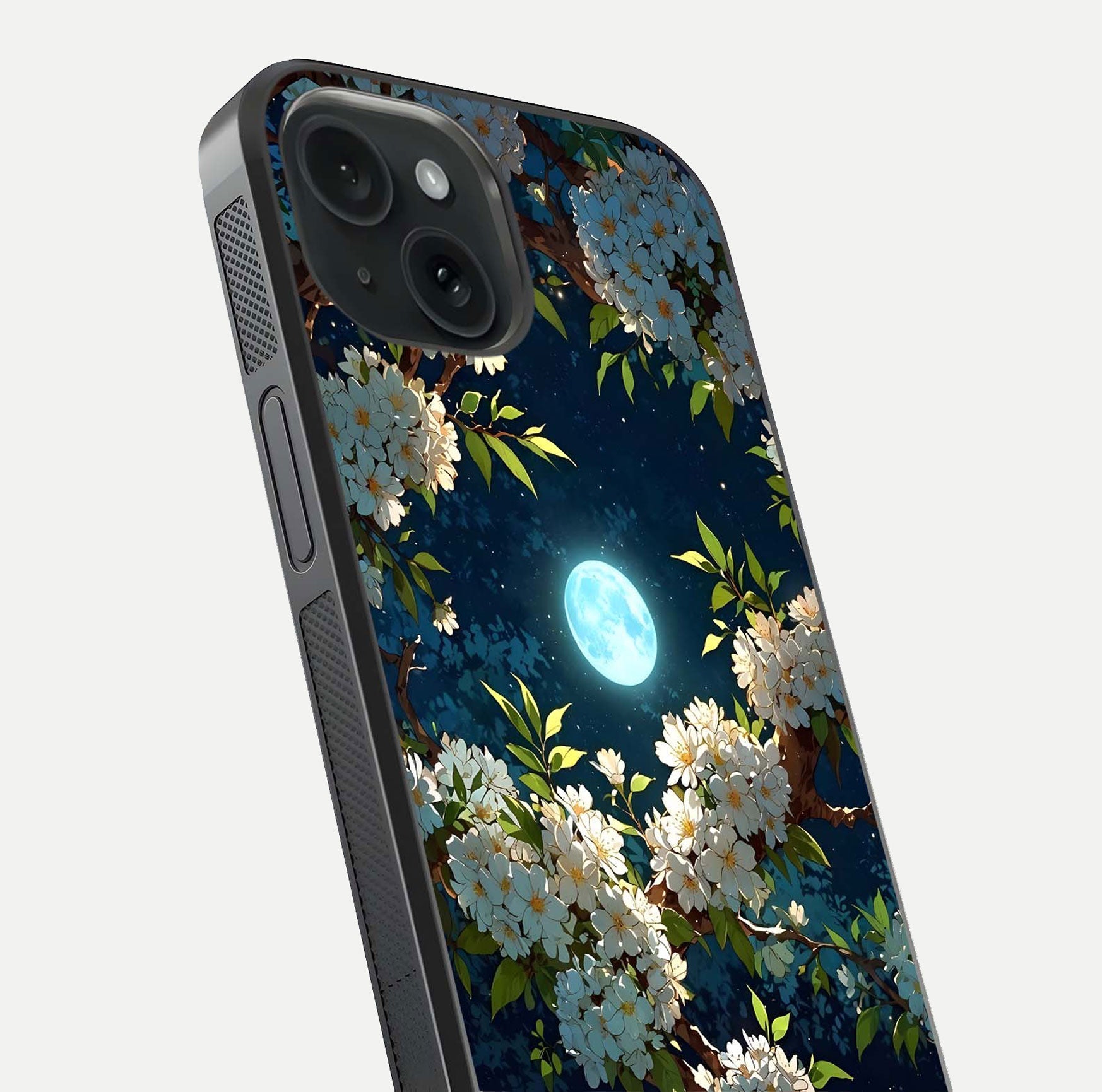 Moonlit Blossom Dream Glass Case for iPhone 15 close-up angled shot showing glowing petals and reflection