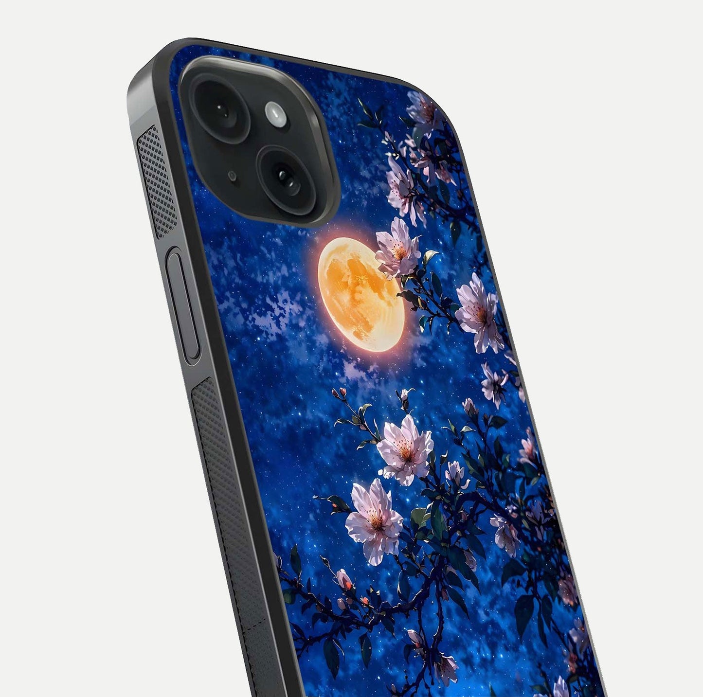 Moonlit Blossoms Night Glass Case for iPhone 15 close-up angled shot showing petal glow and reflection detail