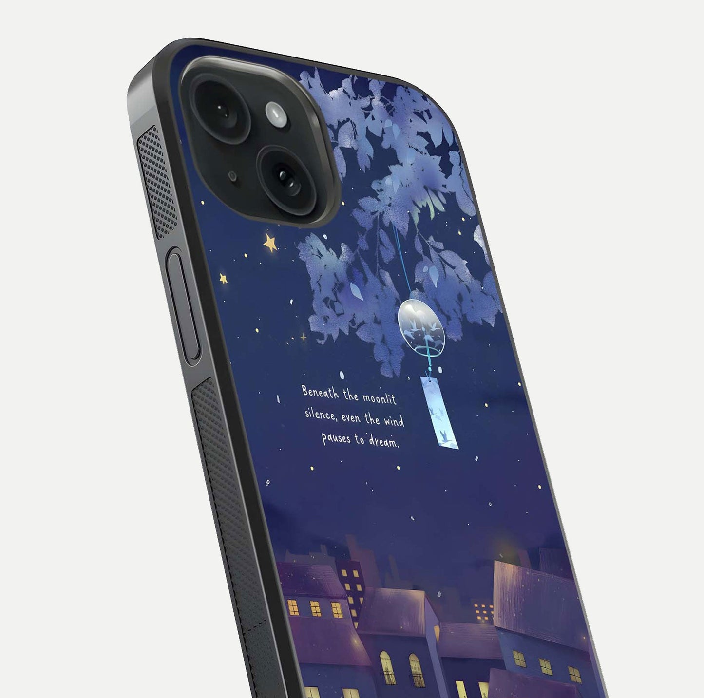 Moonlit Cat Silence Glass Case for iPhone 15 close-up angled shot showing soft glow and reflection texture