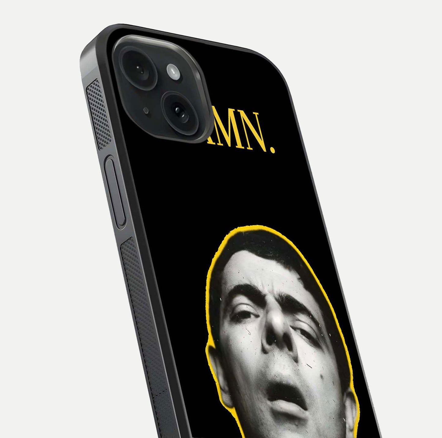 Mr Bean Damn Glass Case for iPhone 15 close-up angled shot highlighting comic expression and shine detail
