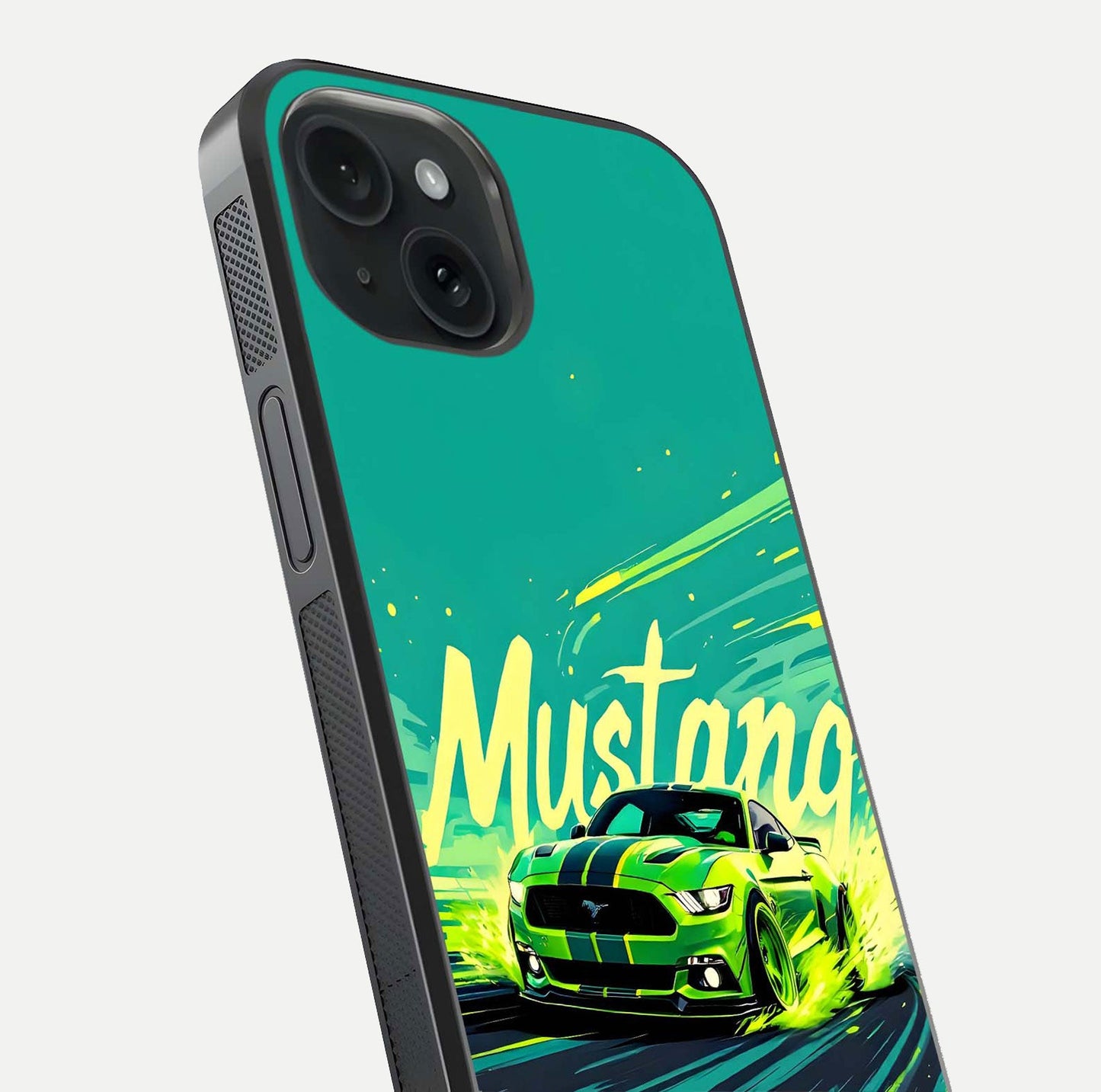 Mustang Bang Glass Case for iPhone 15 close-up angled shot showing car emblem and HD reflection