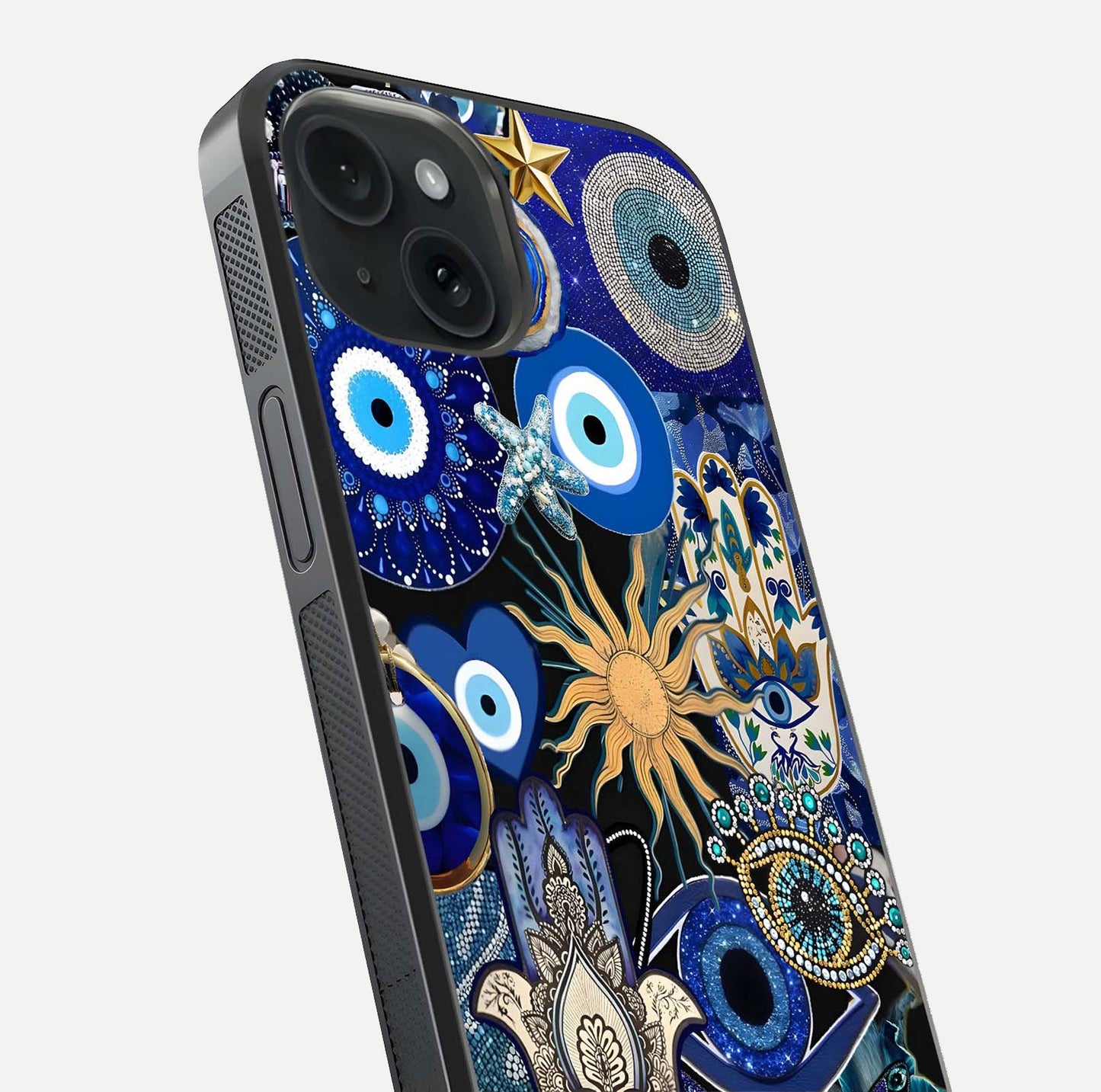 Mystic Blue Evil Eye Glass Case for iPhone 15 close-up angled shot highlighting mystical glow and HD reflection