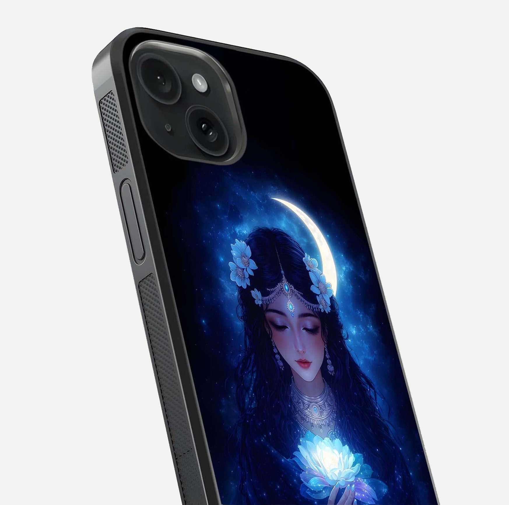 Mystic Moon Queen Glass Case for iPhone 15 close-up angled shot showing shine and lunar tones