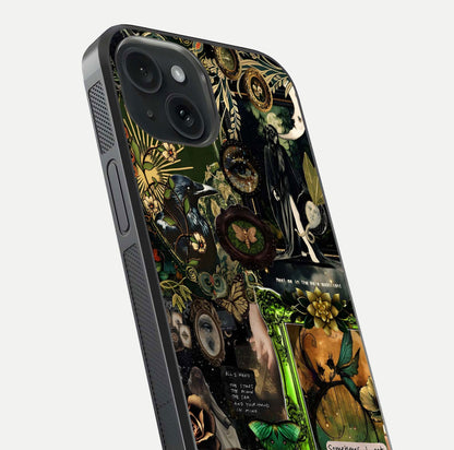 Mystic Woods Secret Glass Case for iPhone 15 close-up angled shot highlighting tree texture and reflection