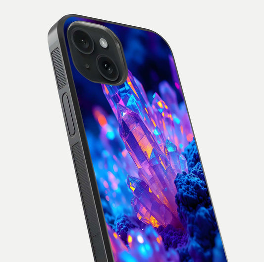 Neon Aura Shards Glass Case for iPhone 15 close-up angled shot highlighting fragment pattern and reflection