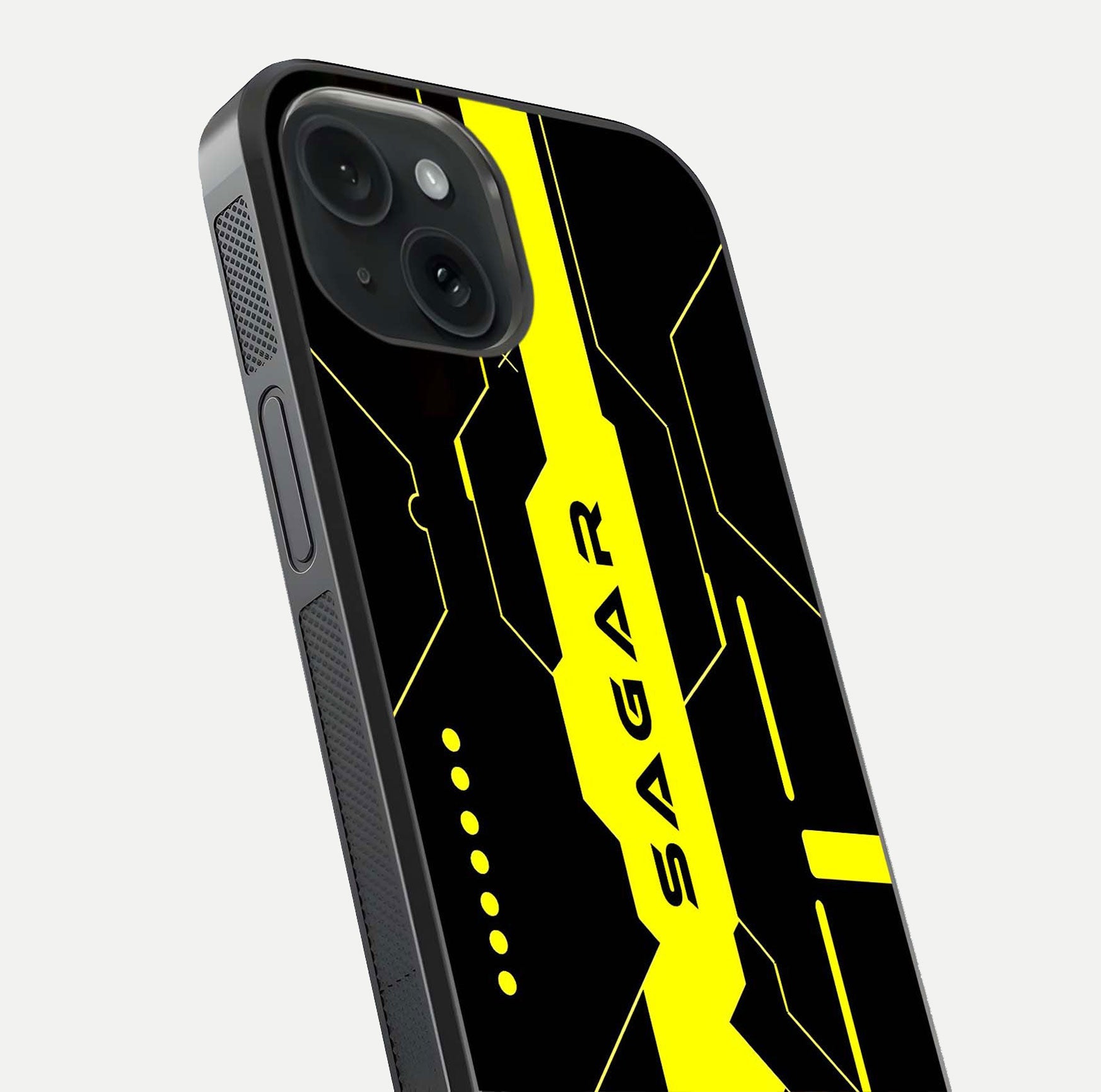 Neon CYBERPUNK Custom Name Glass Case for iPhone 15 close-up angled shot highlighting electric colors and reflection