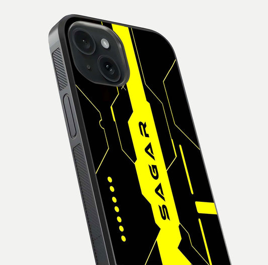 Neon CYBERPUNK Custom Name Glass Case for iPhone 15 close-up angled shot highlighting electric colors and reflection