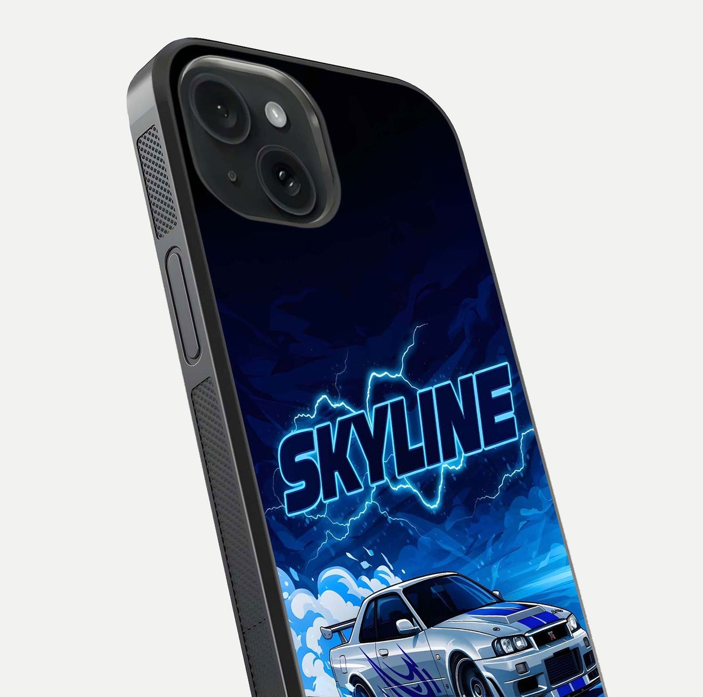 Neon Drift Beast Glass Case for iPhone 15 close-up angled shot highlighting glowing streaks and vivid reflection