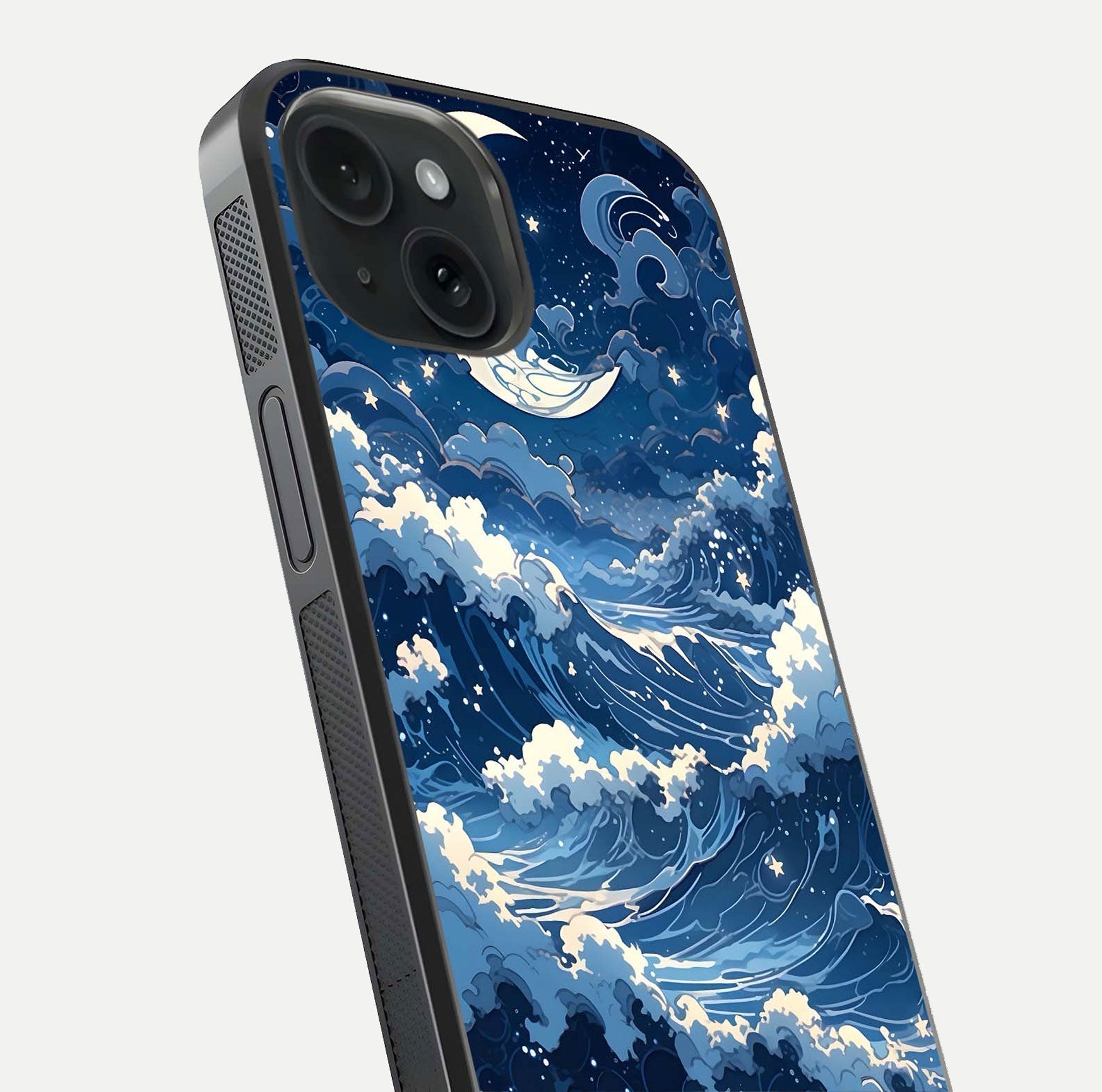 Ocean Moon Waves Glass Case for iPhone 15 close-up angled shot showing HD reflection and calm tones