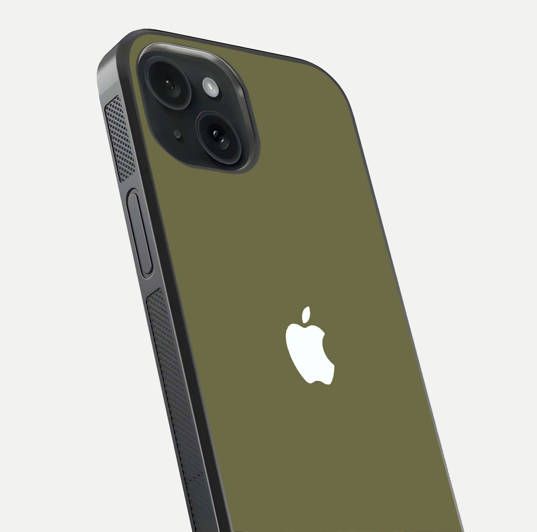 Olive Matte Essence Glass Case for iPhone 15 close-up angled shot showing soft reflection and minimal finish