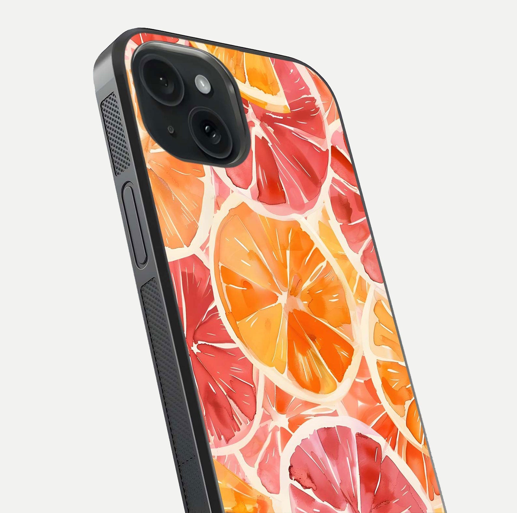 Orange Fruits Pattern Glass Case for iPhone 15 close-up angled shot showing juicy fruit texture and reflection