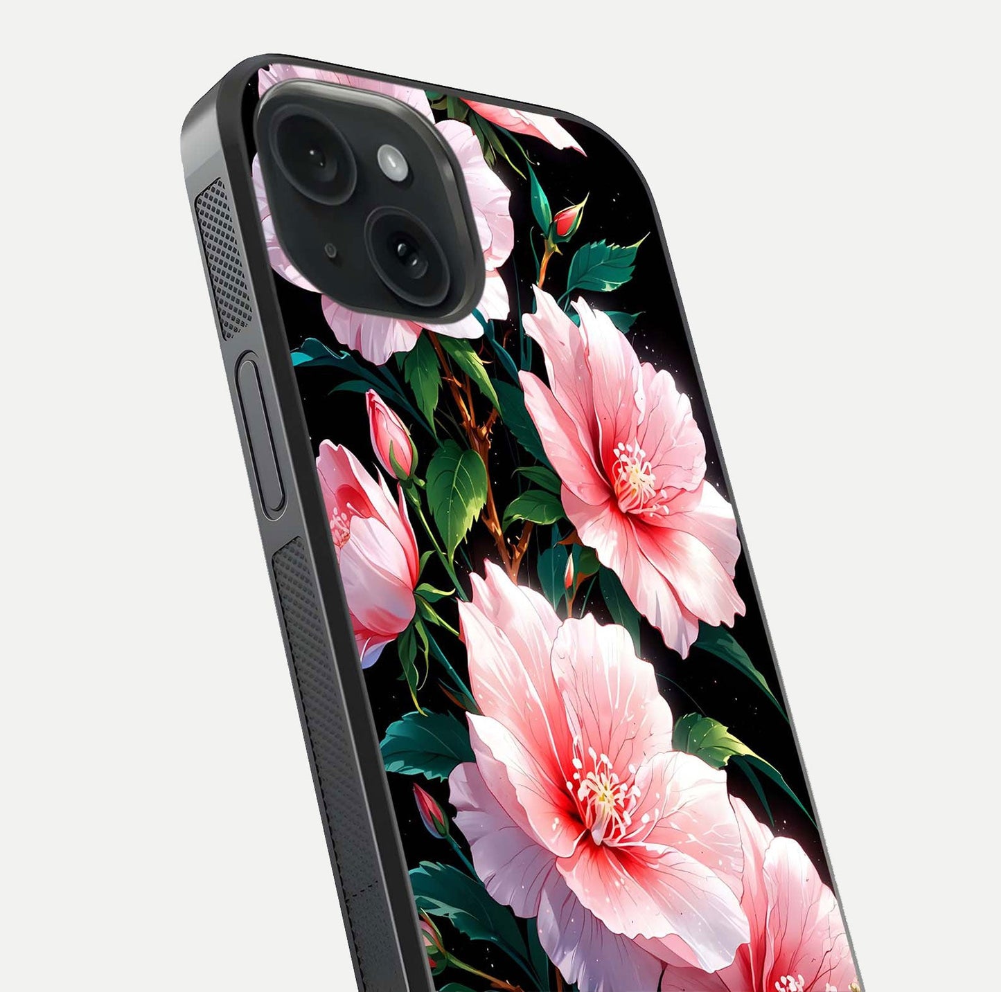 Peach Flower Glass Case for iPhone 15 close-up angled shot highlighting floral petals and HD glass reflection
