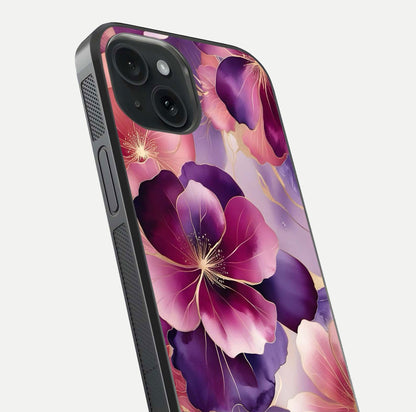 Pink Bouquet Florals Glass Case for iPhone 15 close-up angled shot showing bouquet details and reflection