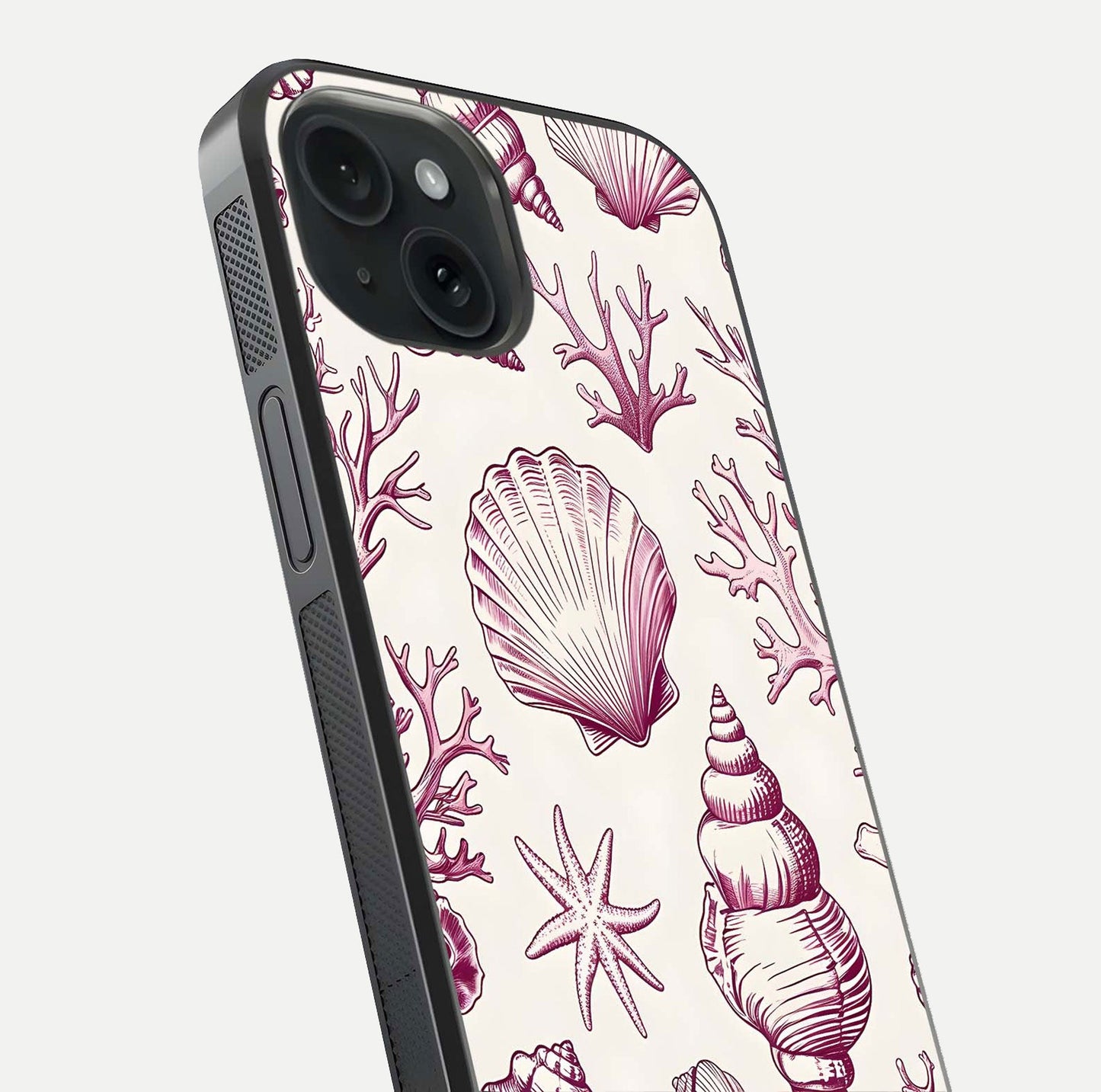 Pink Shells Outline Glass Case for iPhone 15 close-up angled shot showing fine shell lines and reflection
