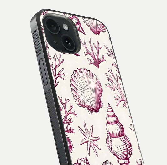 Pink Shells Outline Glass Case for iPhone 15 close-up angled shot showing fine shell lines and reflection