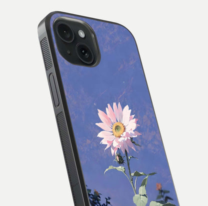 Pink Sunflower Glow Glass Case for iPhone 15 close-up angled shot highlighting petal texture and reflection