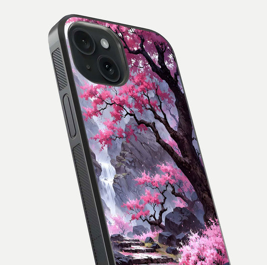 Pinkish Scenery Glass Case for iPhone 15 close-up angled shot showing reflection and gradient color blend
