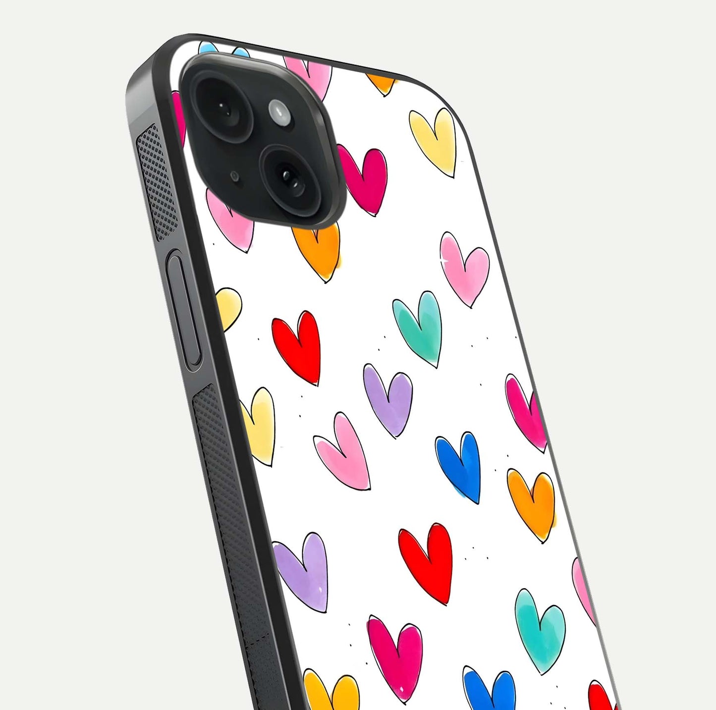 Playful Love Doodles iPhone 15  glass phone case angled back view highlighting doodle artwork and textured grip edges