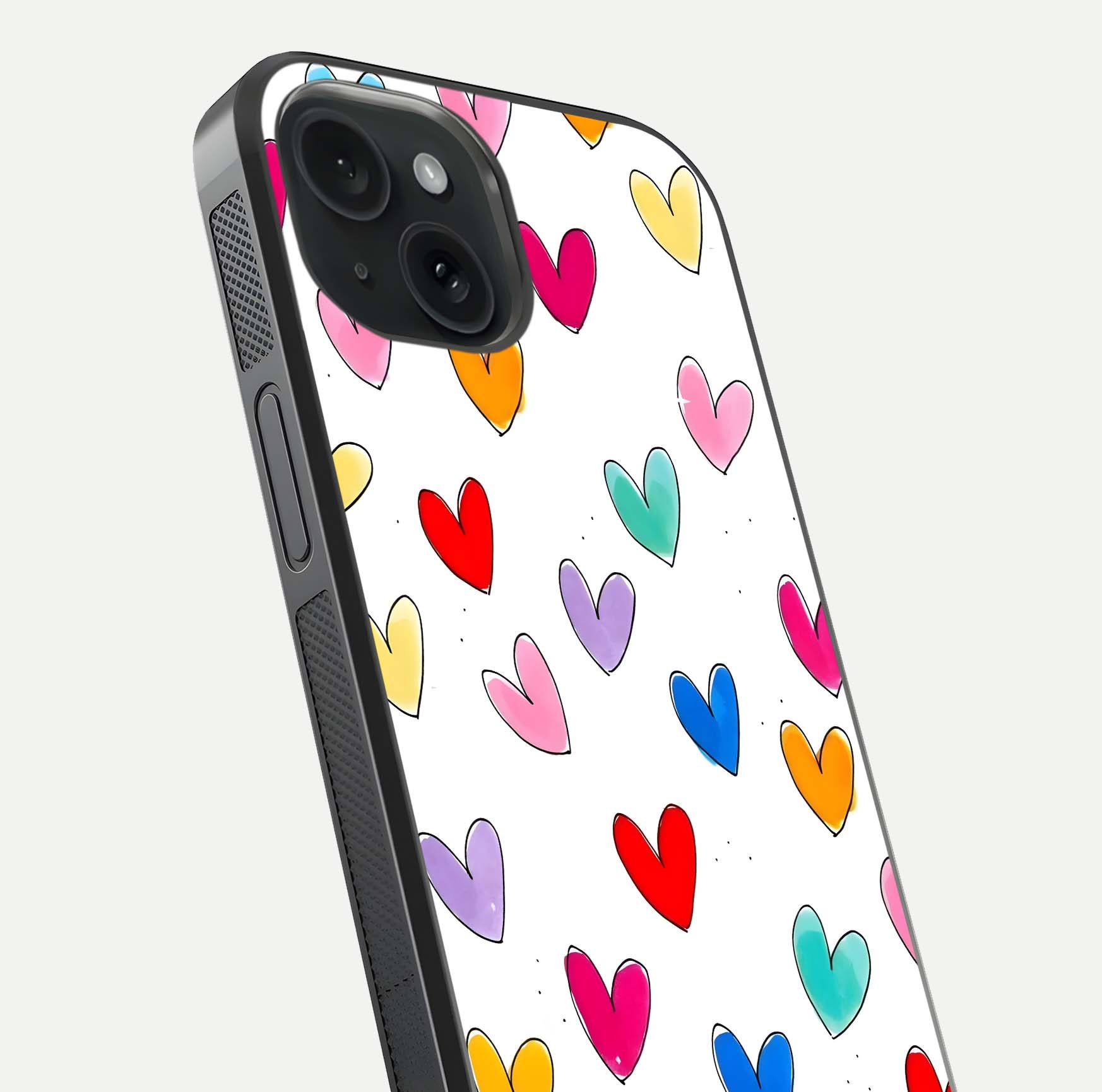 Playful Love Doodles iPhone 15  glass phone case angled back view highlighting doodle artwork and textured grip edges