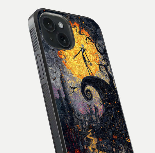 Pumpkin Moon Night Glass Case for iPhone 15 close-up angled shot showing moon reflection and Halloween glow