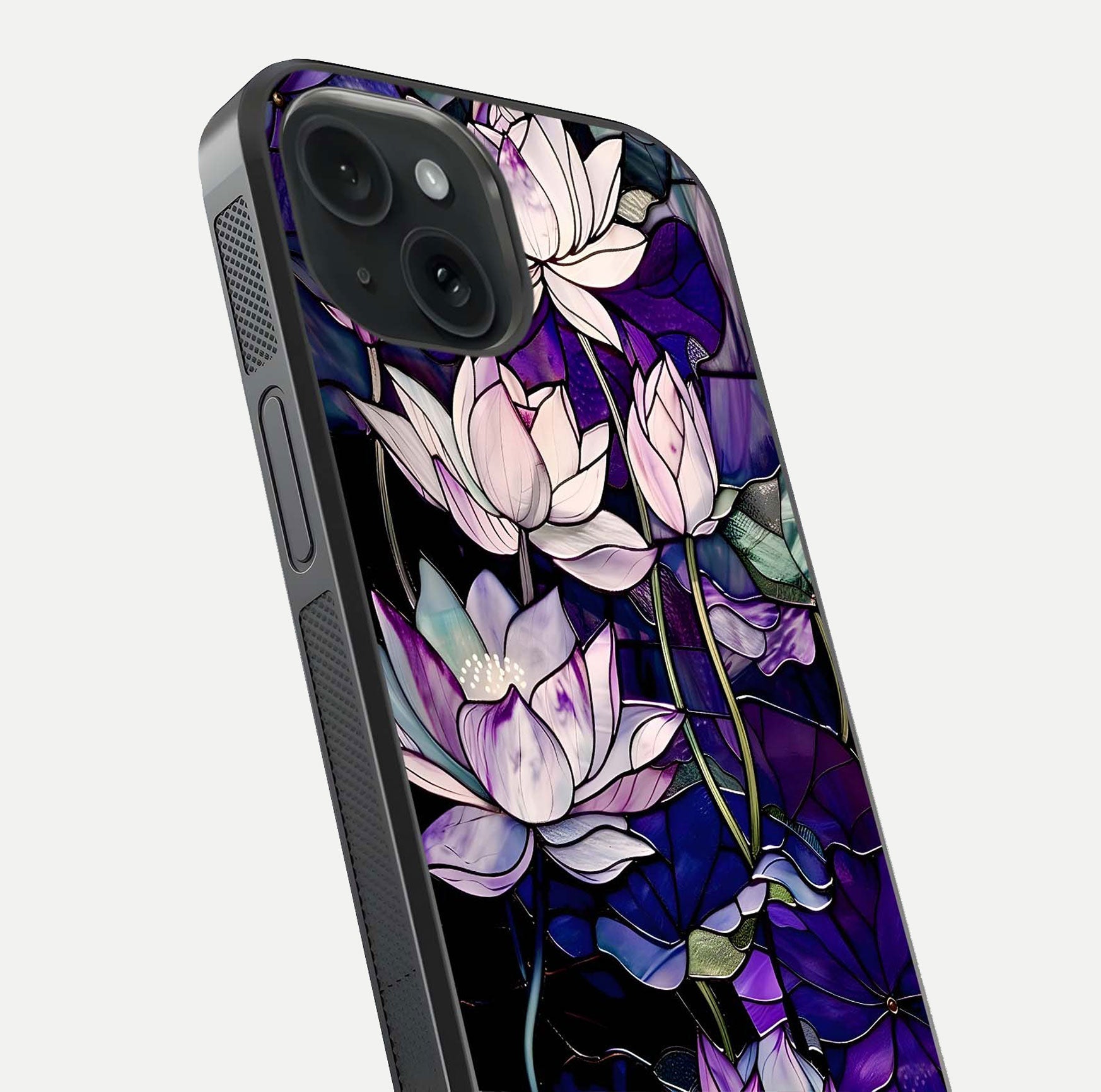 Purple Lotus Pattern Glass Case for iPhone 15 close-up angled shot showing petal texture and HD reflection