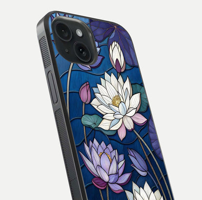 Purple Lotus Stained Glass Case for iPhone 15 close-up angled shot highlighting glass pattern and reflection