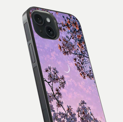Purple Serenity Moon Glass Case for iPhone 15 close-up angled shot showing reflection and gradient purple hues