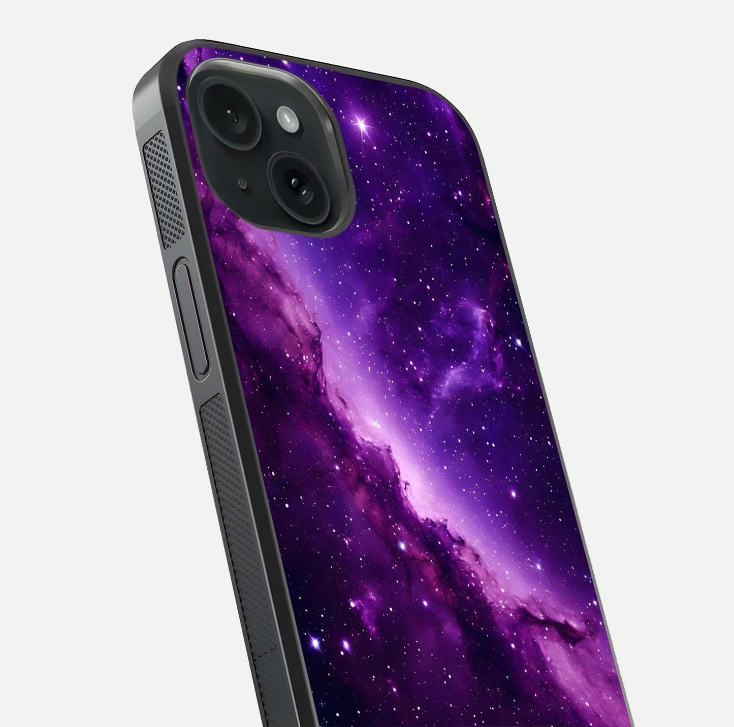 Purple Shade Sky Glass Case for iPhone 15 close-up angled shot highlighting color gradient and reflection