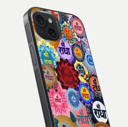 Radha Divine Bloom Glass Case for iPhone 15 close-up angled shot highlighting divine detailing and shine
