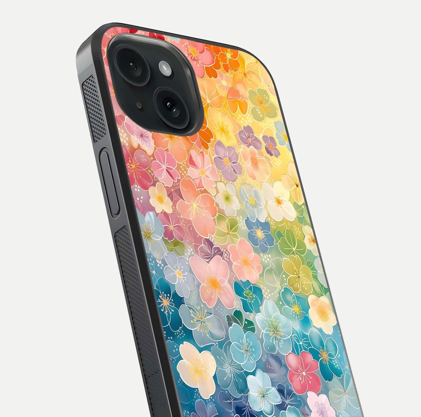 Rainbow Blossom Burst Glass Case for iPhone 15 close-up angled shot showing petal colors and reflection