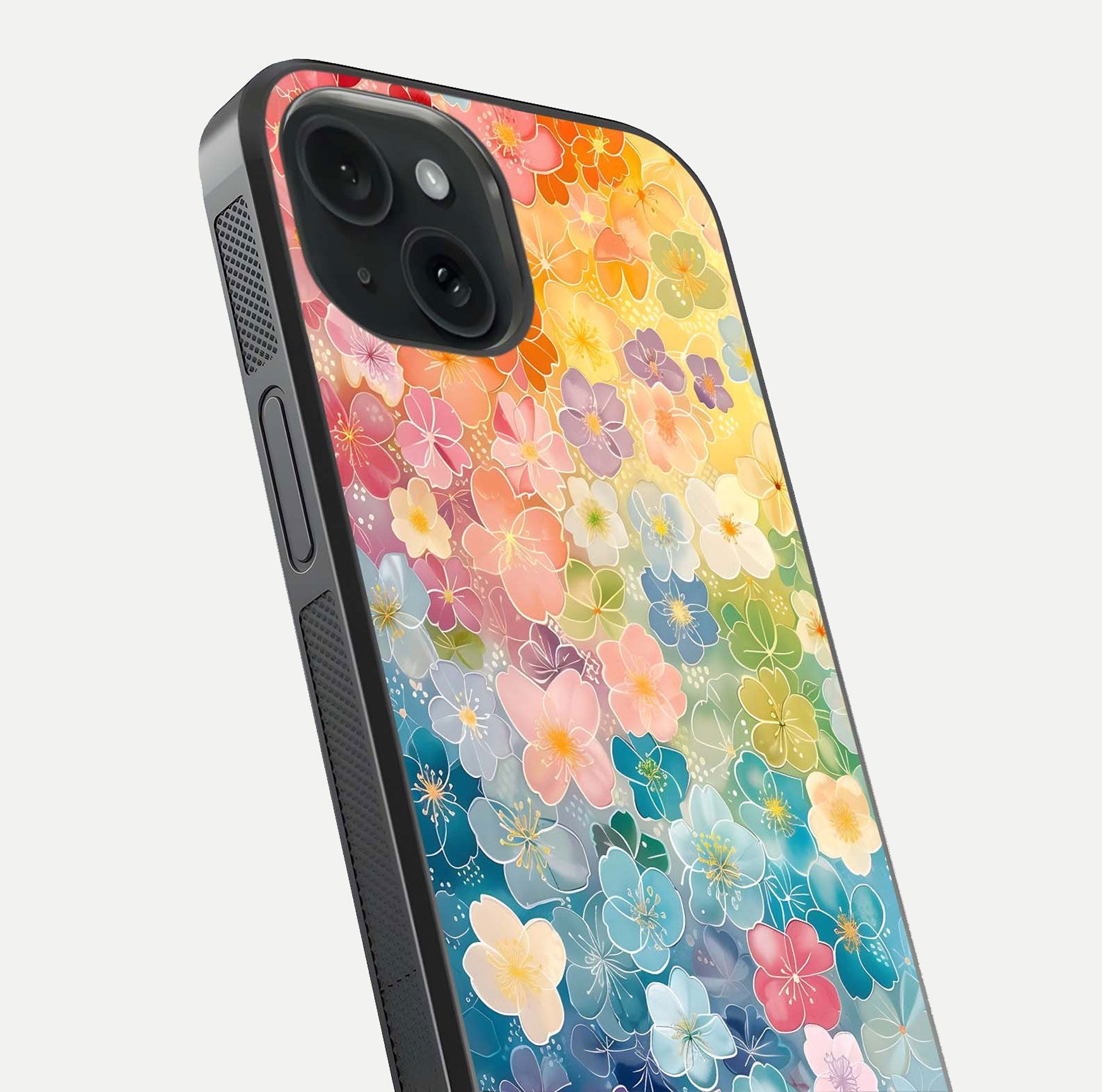 Rainbow Blossom Burst Glass Case for iPhone 15 close-up angled shot showing petal colors and reflection