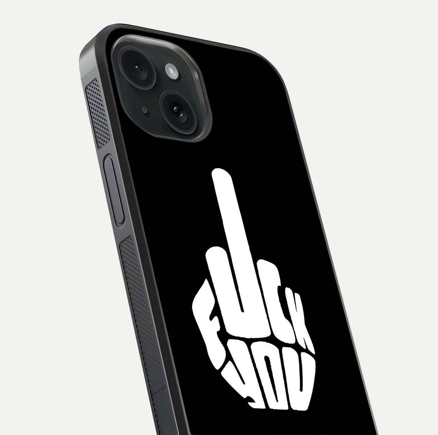 Rebel Mode On Glass Case for iPhone 15 close-up angled shot highlighting reflective text and sharp design