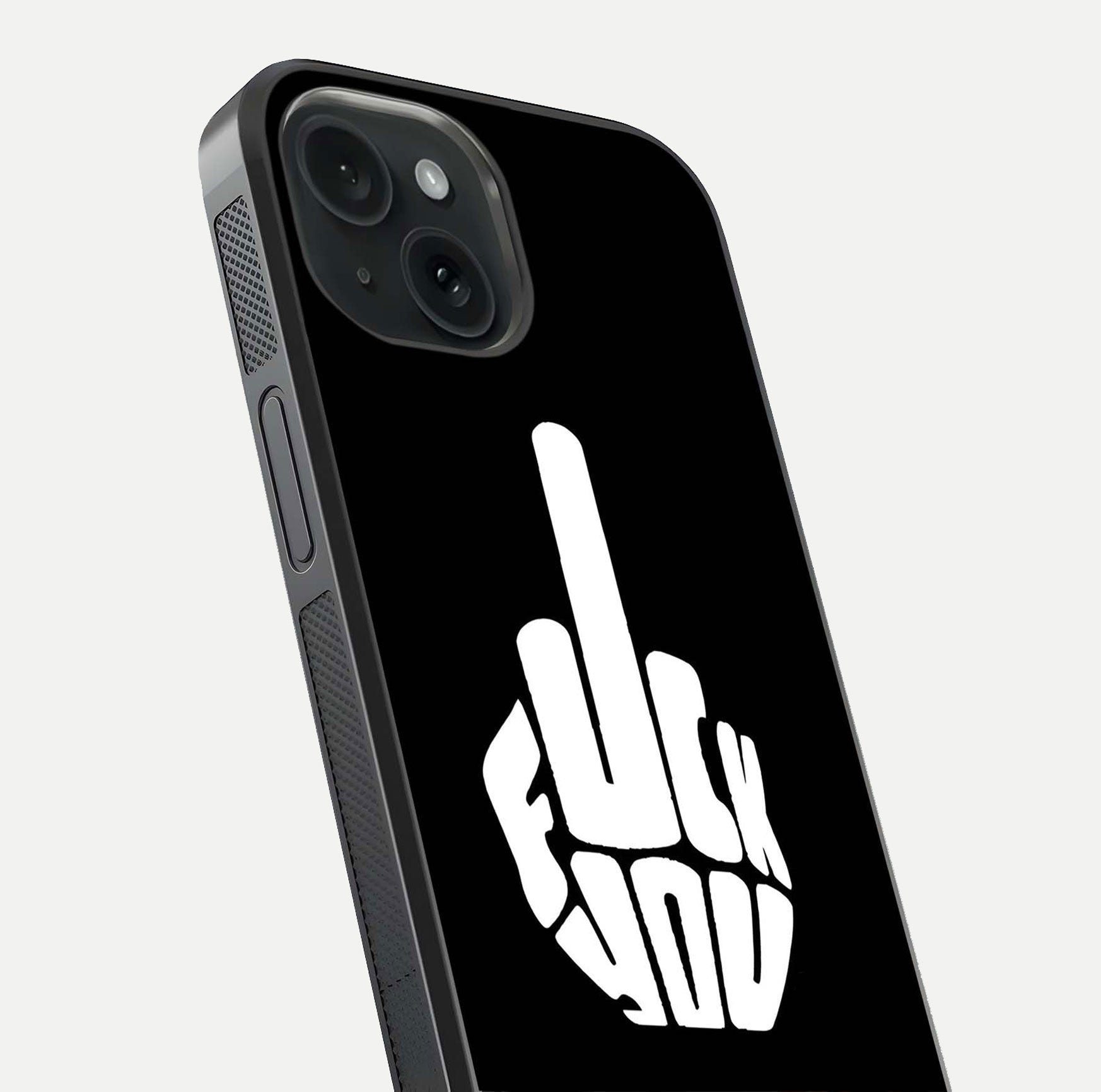 Rebel Mode On Glass Case for iPhone 15 close-up angled shot highlighting reflective text and sharp design