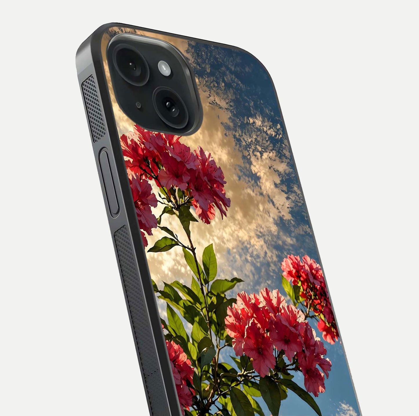 Red Bloom Skies Glass Case for iPhone 15 close-up angled shot highlighting detailed blooms and reflection