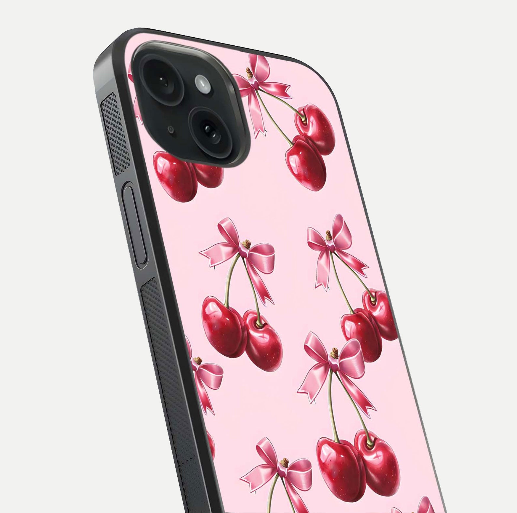 Red Cherries Pattern Glass Case for iPhone 15 close-up angled shot showing cherry details and HD reflection