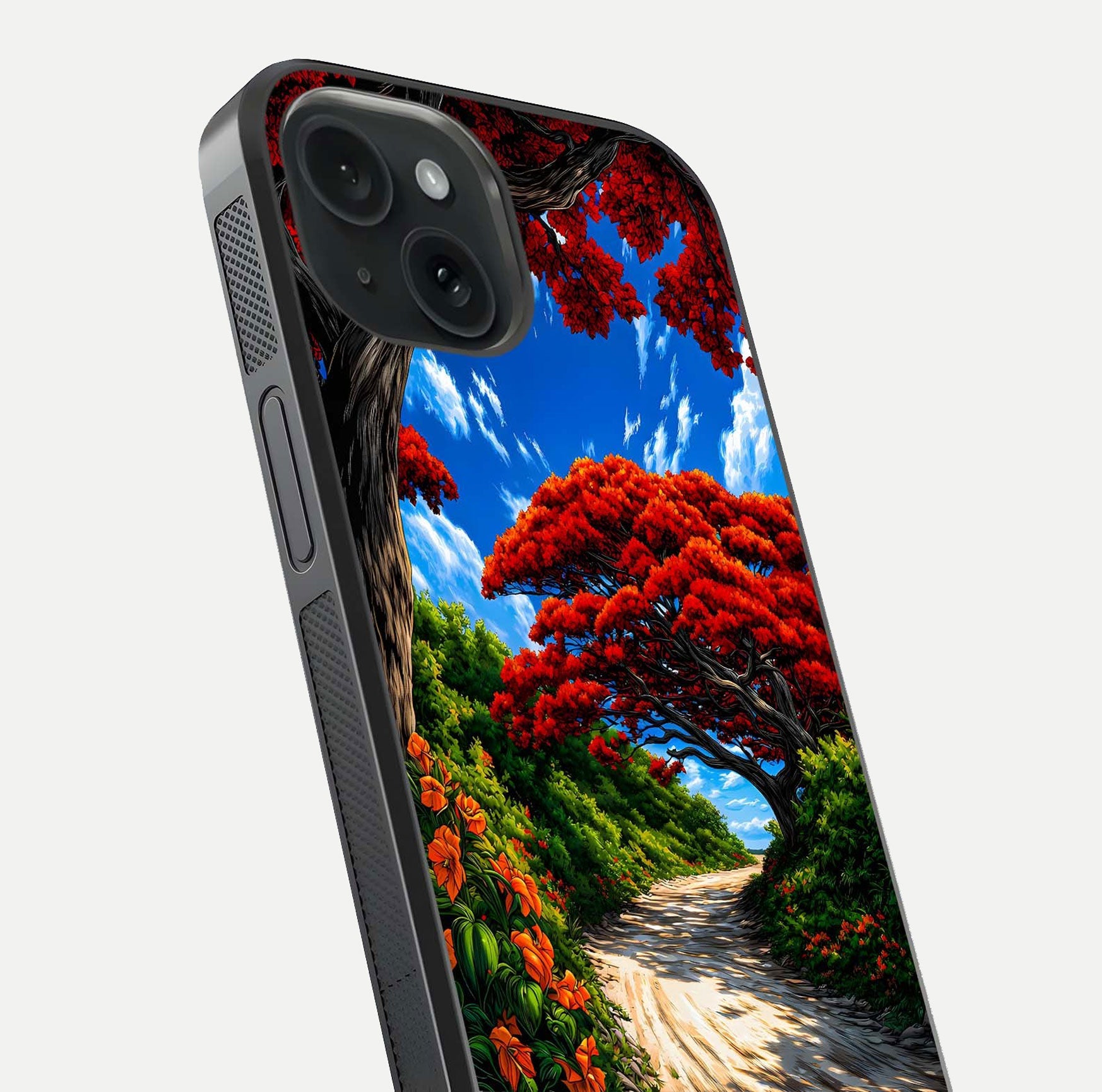Red Trees Pathway Glass Case for iPhone 15 close-up angled shot highlighting forest detail and reflection