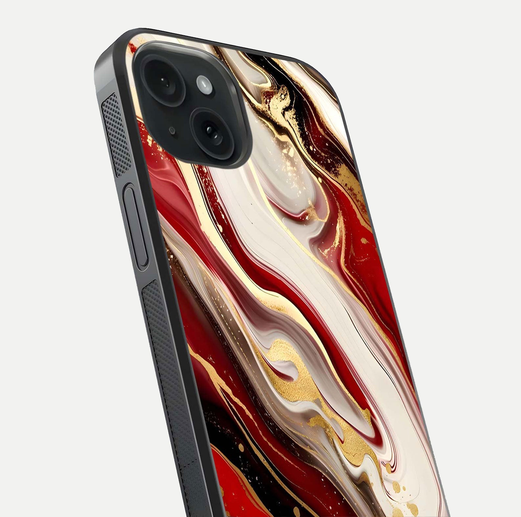 Red & White Marble Glass Case for iPhone 15 close-up angled shot highlighting fine marble veins and reflection
