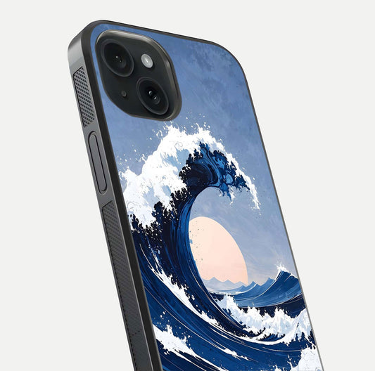 Rising Tide Power Glass Case for iPhone 15 close-up angled shot highlighting water motion and reflection
