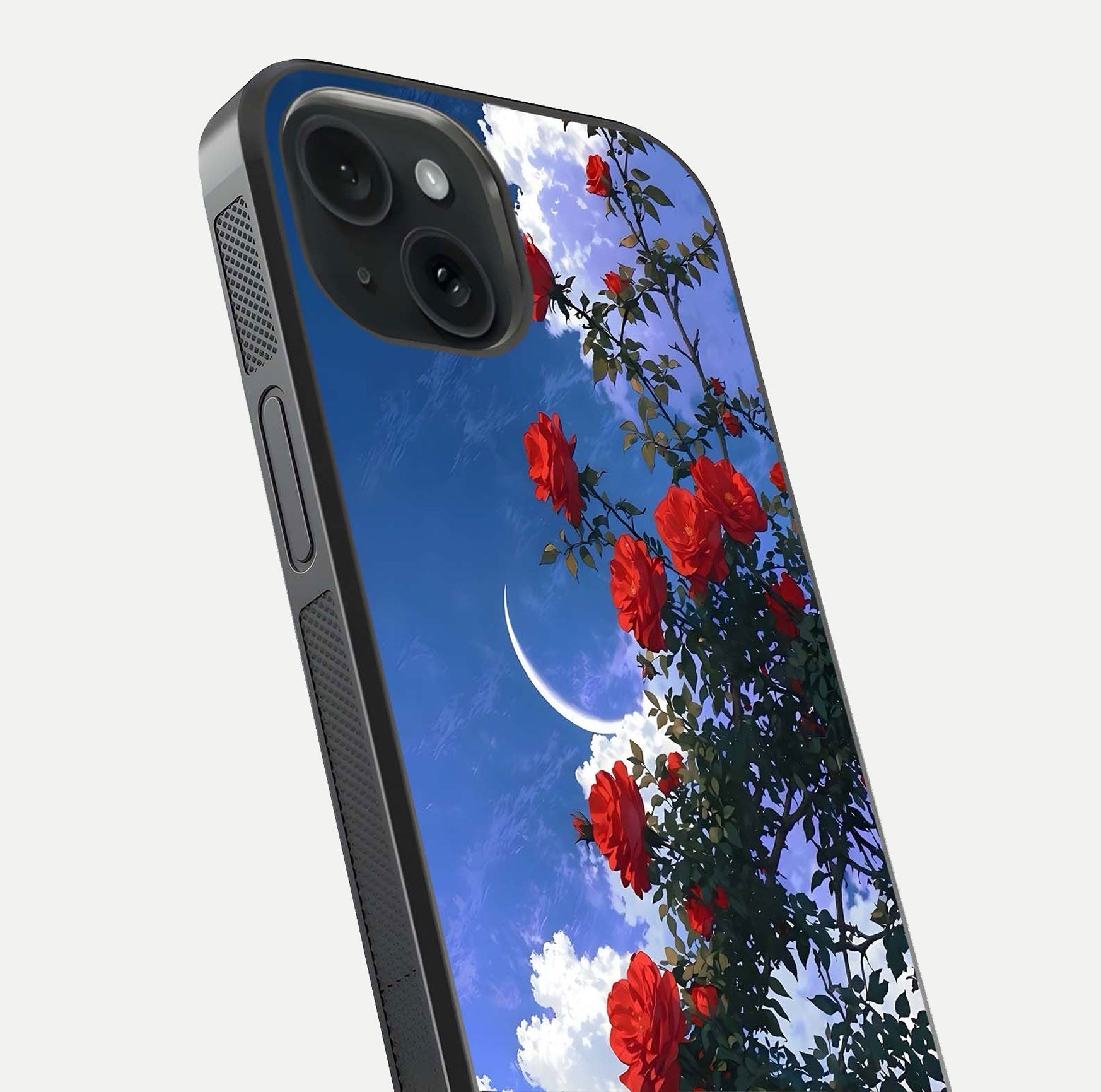 Rose Drift Flowers Glass Case for iPhone 15 close-up angled shot highlighting floral texture and reflection
