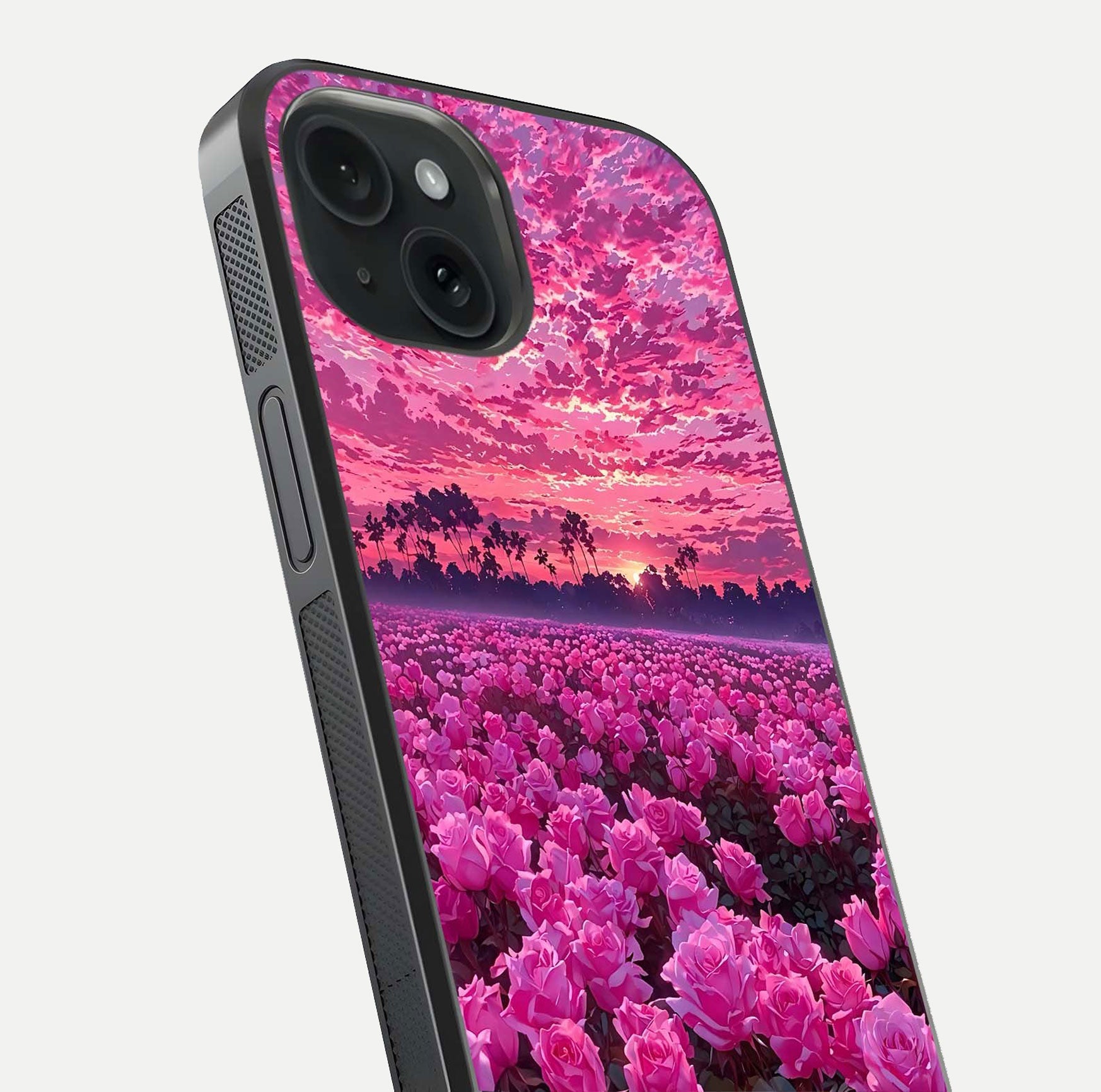Rose Sunset Valley Glass Case for iPhone 15 close-up angled shot showing rose detailing and golden hues