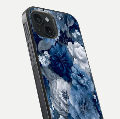Royal Bloom Garden Glass Case for iPhone 15 close-up angled shot highlighting royal bloom texture and reflection